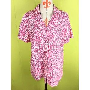 Kim Rogers Women Plus 1X 100% Linen Pink Floral Button Up Short Sleeve Shirt EUC